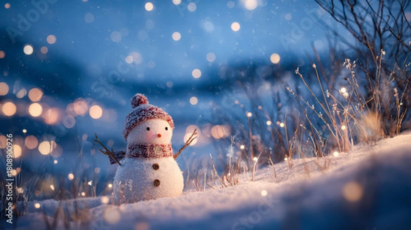 Fototapeta Charming snowman adorned with a knitted hat and scarf, set against a snowy landscape with twinkling lights and a serene winter ambiance