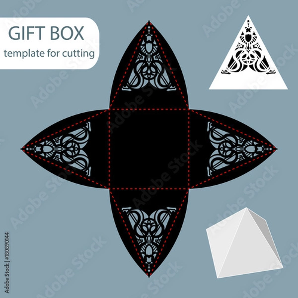 Fototapeta Paper gift box, lace pattern, pyramid with a square bottom, cut out template, packaging for retail, greeting packaging, can be laser cut, vector illustrations.