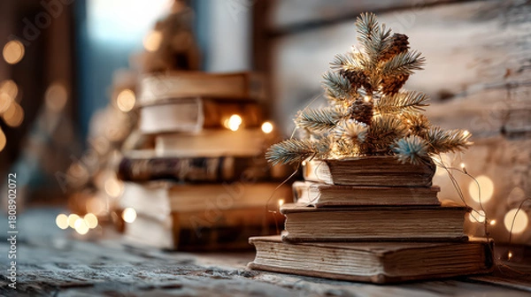 Fototapeta Vintage books are creatively stacked with a small Christmas tree and twinkling lights, creating a cozy holiday atmosphere