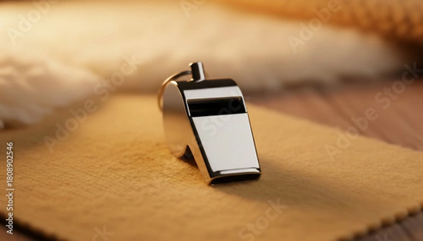 Fototapeta A silver whistle rests on a brown surface, illuminated by warm light, suggesting a moment of silence or reflection.