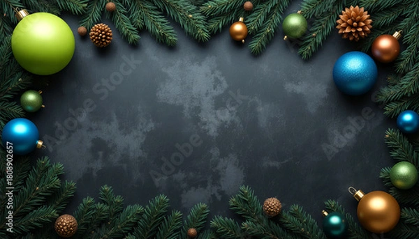 Fototapeta Christmas Flat Lay with Pine Branches and Colorful Ornaments on Dark Background