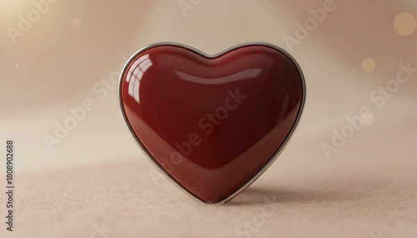 Fototapeta A glossy, dark red heart-shaped object sits centered on a soft, light pink surface with bokeh lights.
