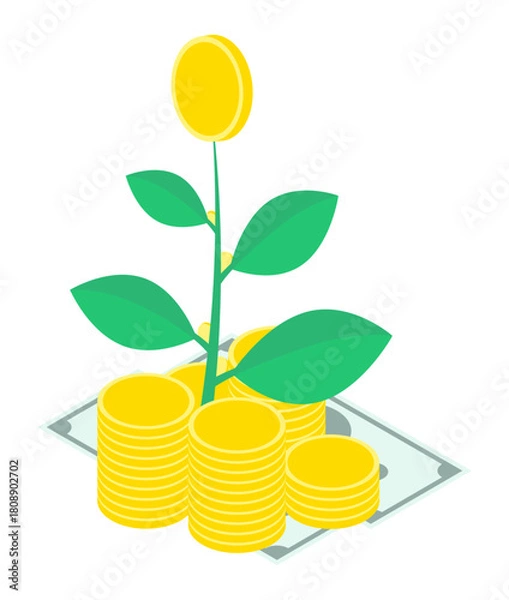 Fototapeta Isometric money tree sprout grows from a pile of gold coins. Isolated cartoon vector on white background top view