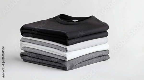 Fototapeta Stacking pile of folded blank black, grey, gray, and white t-shirts with a round neck and a white background cutout. A mockup template for graphic design artwork,
