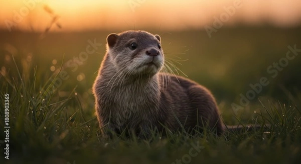 Obraz Adorable Otter Sitting in a Grassy Field at Sunset.