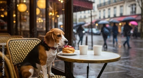 Obraz Adorable Beagle Dog Sitting at a Parisian Cafe on a Rainy Day.