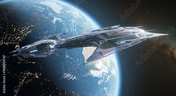Obraz Futuristic spacecraft traveling above Earth, showing global night lights and dawn glow