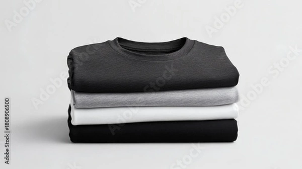 Fototapeta Stacking pile of folded blank black, grey, gray, and white t-shirts with a round neck and a white background cutout. A mockup template for graphic design artwork,
