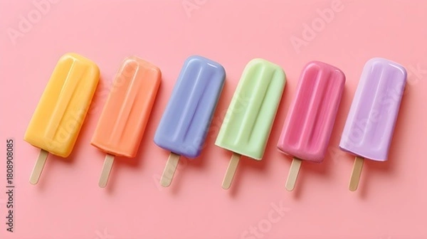 Fototapeta Minimal summer concept with colorful frozen popsicle placed on pastel pink backdrop, flat lay composition --ar 16:9