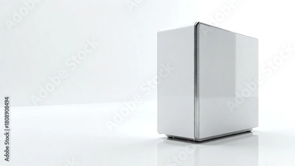 Fototapeta Elegant white rectangular box with a polished glossy surface, representing a modern technological device like a server, isolated on a minimalist white background with copy space