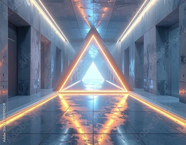 Obraz Futuristic symmetrical corridor with neon lights and a triangular portal at the end