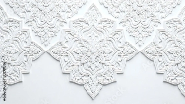 Fototapeta Stunning white decorative element featuring a traditional Thai Lai Kranok pattern. The intricate bas-relief creates a beautiful, frosty, snowflake-like design for a cultural background