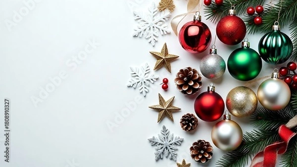 Obraz Festive Christmas Ornaments and Decorations, Including Shiny Red, Green, and Gold Baubles, Pine Cones, and Snowflakes, Arranged on a White Background for Holiday Season Celebrations