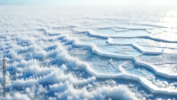 Fototapeta Captivating close-up of delicate ice formations and intricate frost patterns on a vast frozen surface, showcasing the stunning natural textures of a cold winter environment, perfect for background use