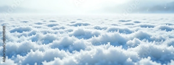 Fototapeta A serene panorama of a frosted landscape, showcasing a detailed texture of ice crystals under a soft, diffused light, evoking a sense of tranquility and the beauty of winter