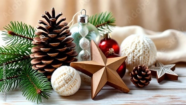 Fototapeta A charming and nostalgic Christmas composition with a vintage aesthetic, showcasing a rustic bronze star, natural pine cones, and festive ornaments on a light wooden background
