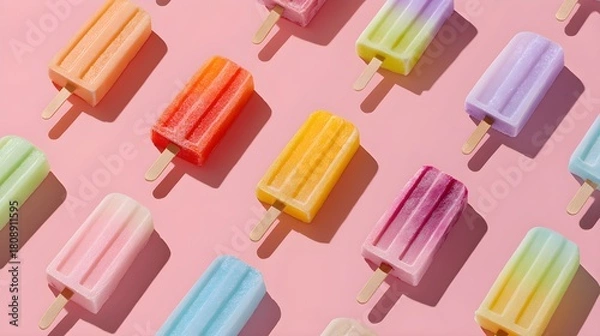 Obraz Minimal summer concept with colorful frozen popsicle placed on pastel pink backdrop, flat lay composition --ar 16:9