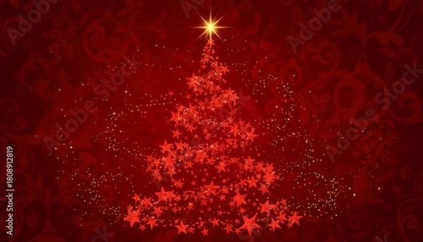 Fototapeta Christmas tree shape formed by red stars with a bright star on top, against a red patterned background.