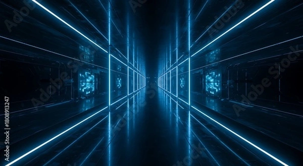 Fototapeta Futuristic tunnel bathed in electric blue light, reflecting on polished floor, leading to infinite space