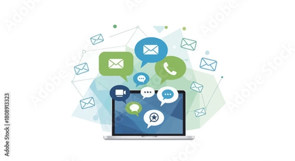 Fototapeta Digital communication and networking concept with laptop and various message icons isolated on