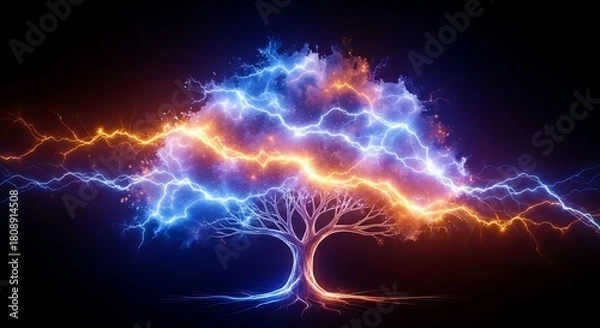 Obraz Energy tree with lightning bolt branches and roots in dark background