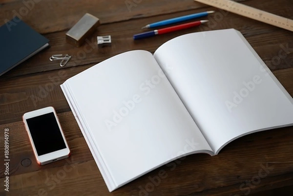 Fototapeta Open blank book with smartphone and writing tools on wooden desk