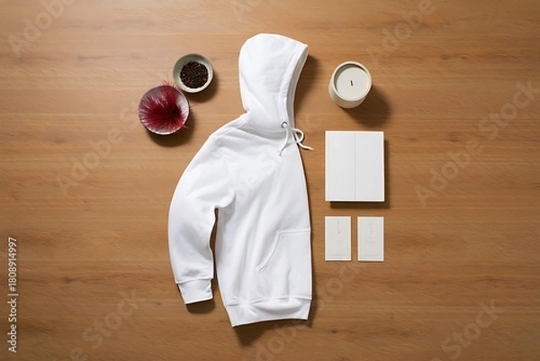 Fototapeta Flat lay of a white hoodie with mockup elements on a wooden background