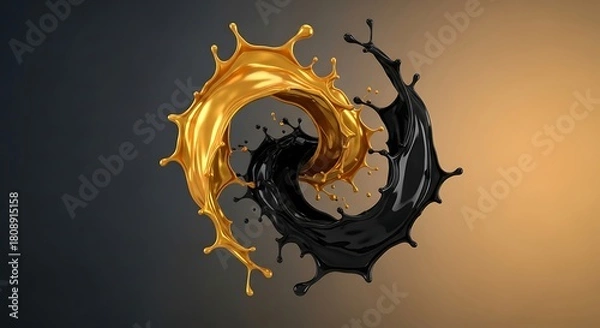Obraz Liquid gold and black paint splashes intertwining on gradient background
