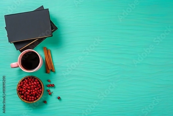 Fototapeta Flat lay of books coffee and pomegranate seeds on a turquoise wooden background