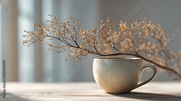 Fototapeta soft natural window light falling on a minimal still-life arrangement of a ceramic cup and dried branch