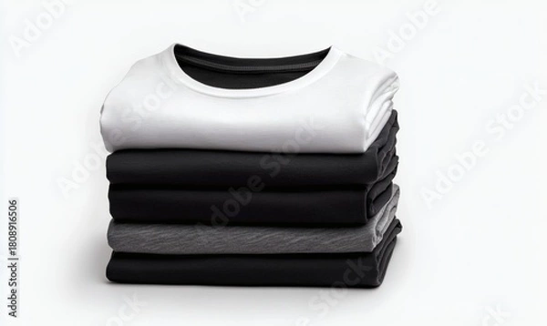 Obraz Stacking pile of folded blank black, grey, gray, and white t-shirts with a round neck and a white background cutout. A mockup template for graphic design artwork,
