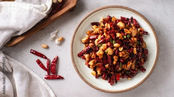 Fototapeta Top view of a Cold Diced Rabbit with Chiles and Peanuts, Sichuan cold dish, diced rabbit cooked without rice wine