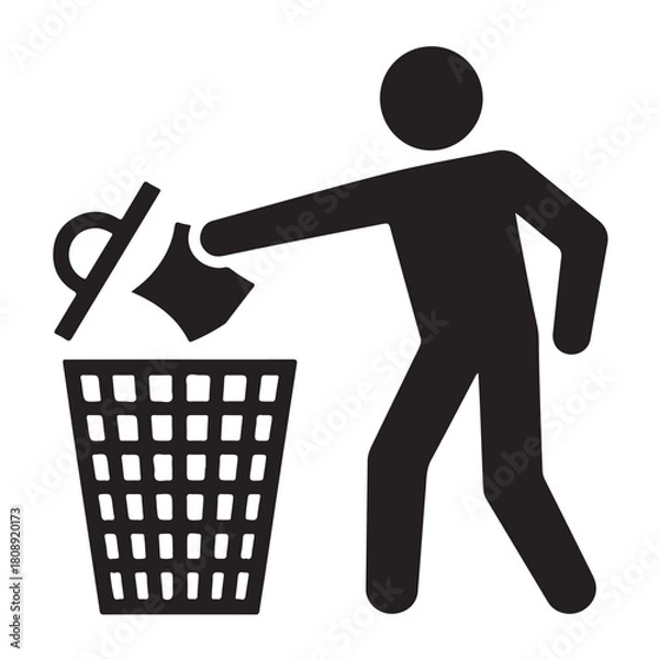 Fototapeta Stick Figure Throwing Trash Icon for Cleanliness and Public Waste Management