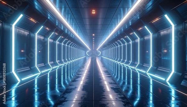 Fototapeta Futuristic tunnel with neon lighting reflecting on the glossy floor and walls, perspective view