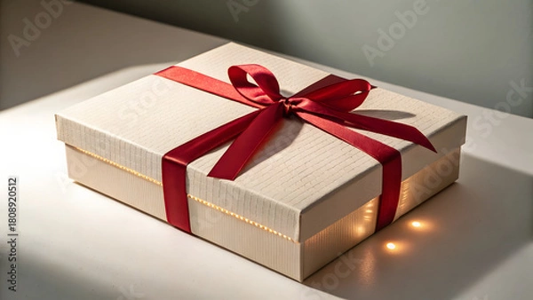 Fototapeta Glowing Gift Box Illustration – Cream Textured Surface with Red Ribbon & Magical Light from Within