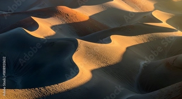 Fototapeta Stunning close-up of sand dunes in the desert, highlighting the dramatic contrast between sunlit, warm curves and deep, long shadows during sunrise or sunset.