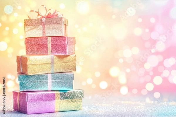 Fototapeta Festive Stack of Pastel Gift Boxes with Sparkling Bokeh