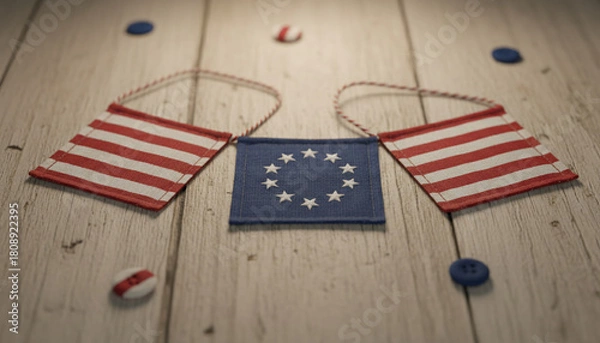 Fototapeta European Union flag flanked by American flags on a wooden surface, with scattered decorative elements.