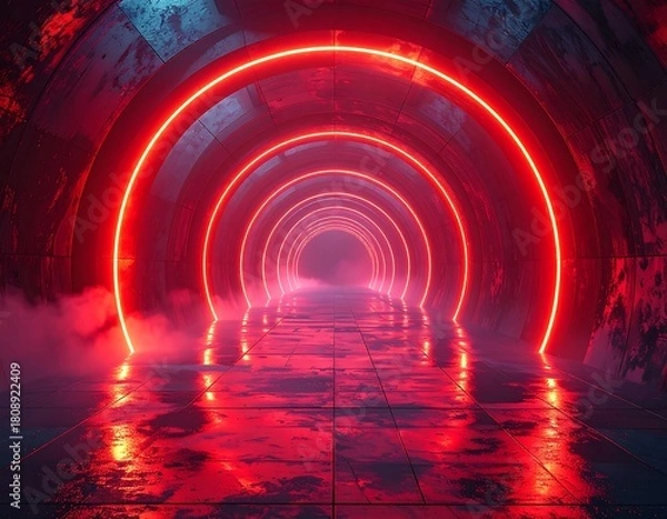 Fototapeta Futuristic tunnel with neon red rings glowing, casting light on a wet tiled floor and misty air