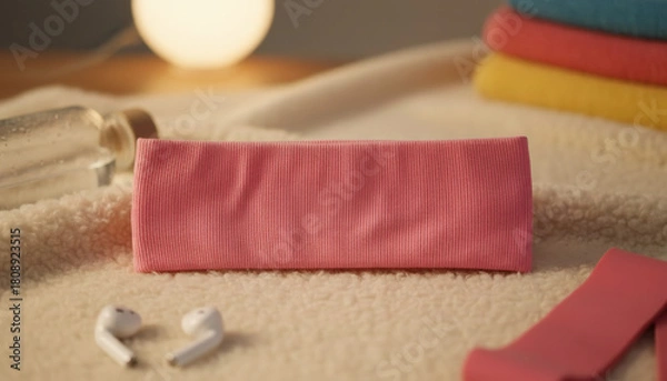 Fototapeta Pink headband centered on a textured surface with wireless earbuds, water bottle and other fitness bands in the background.