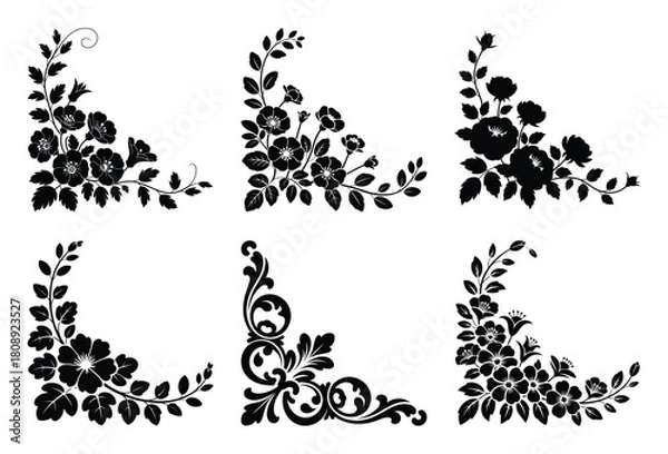 Fototapeta Elegant black floral corner design elements set for decorative vector graphics and frames