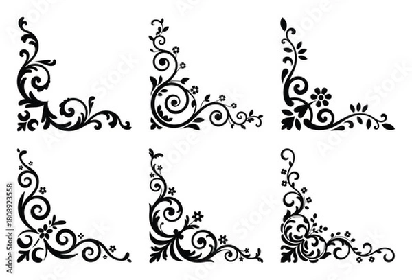 Fototapeta Set of six ornate floral corner design elements for decorative frames and borders.