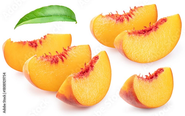 Fototapeta Set of ripe peach slices and peach leaf on white background. File contains clipping path.