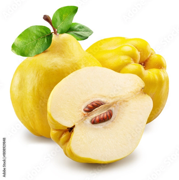 Fototapeta Ripe quinces with green leaves and half of quince on white background. File contains clipping path.