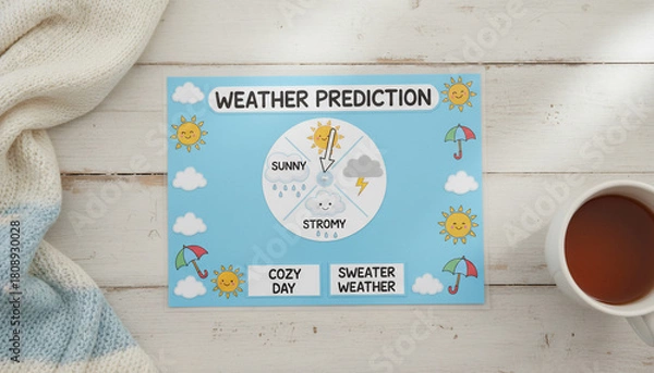 Fototapeta Weather prediction chart with sun, clouds, rain, and lightning, next to a cup of tea and a blanket.