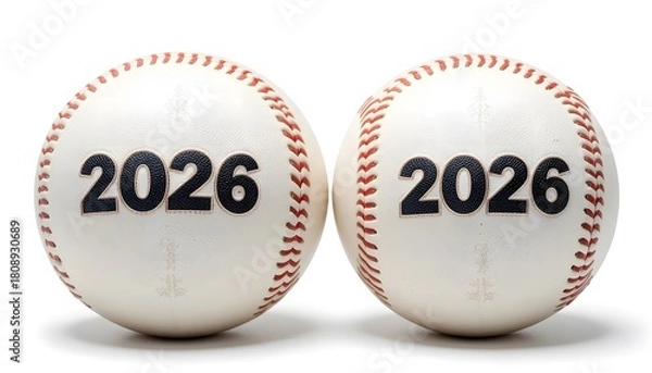 Obraz “Two 2026 Baseballs Stacked on White Background”. 2026 baseball