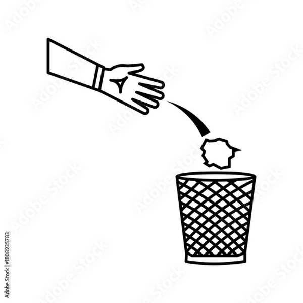 Fototapeta hand-throwing-trash-into-bin-icon A clean black-and-white icon depicting a hand throwing a crumpled paper into a waste bin. Simple, minimalistic, and perfect for recycling, waste management, cleanline