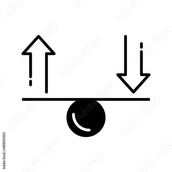 Obraz Balance Arrow Up Down Icon A simple black line icon showing a balance point with upward and downward arrows, representing comparison, equilibrium, pros and cons, decision making, analytics, and market