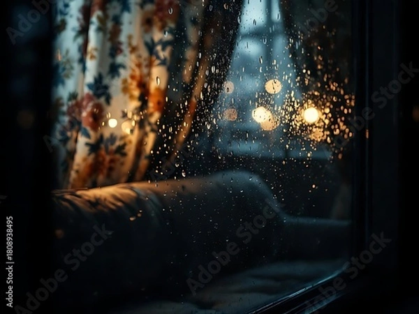Fototapeta Moody interior scene featuring a rainy window with soft light, vintage patterned curtains, and a cozy sofa, creating a nostalgic and calming atmosphere