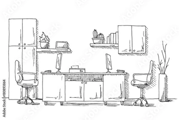 Fototapeta Open Space office. Workplaces outdoors. Tables, chairs. Vector illustration in a sketch style.